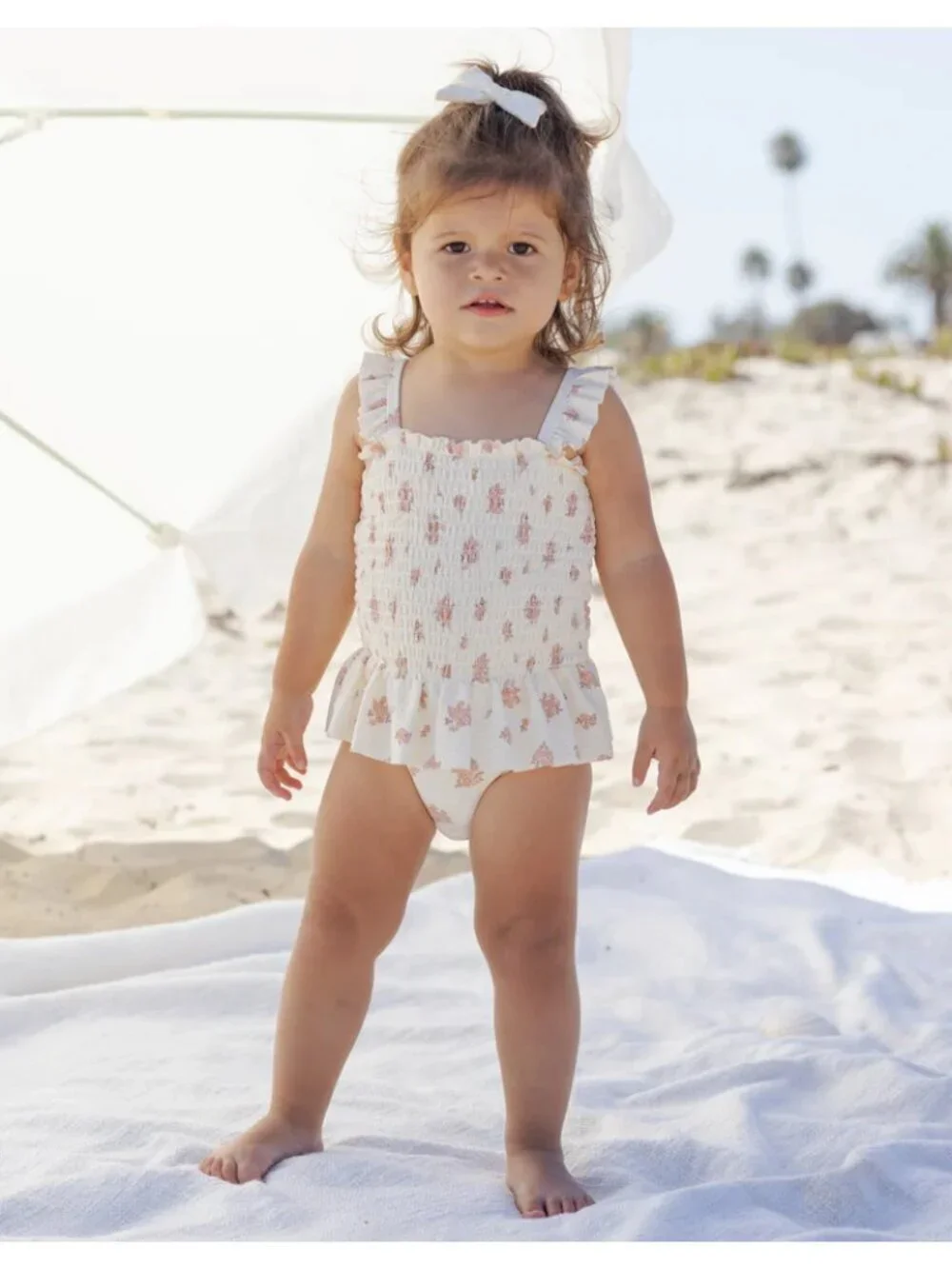 QUINCY MAE Ruffle Smocked Bodice Piqué One-Piece Swimsuit in Ivory Size 3-6 M